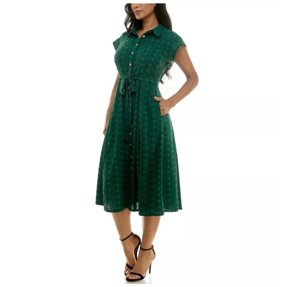 Nina Leonard Shirt Dress Plus Size 2X Emerald Green Clip Dot Midi Belted Pockets